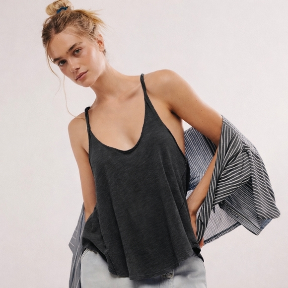 Free People Tops - NWT Free People Lo Lo Washed Black Boho Coastal Vacation Swing Tank Oversized S
